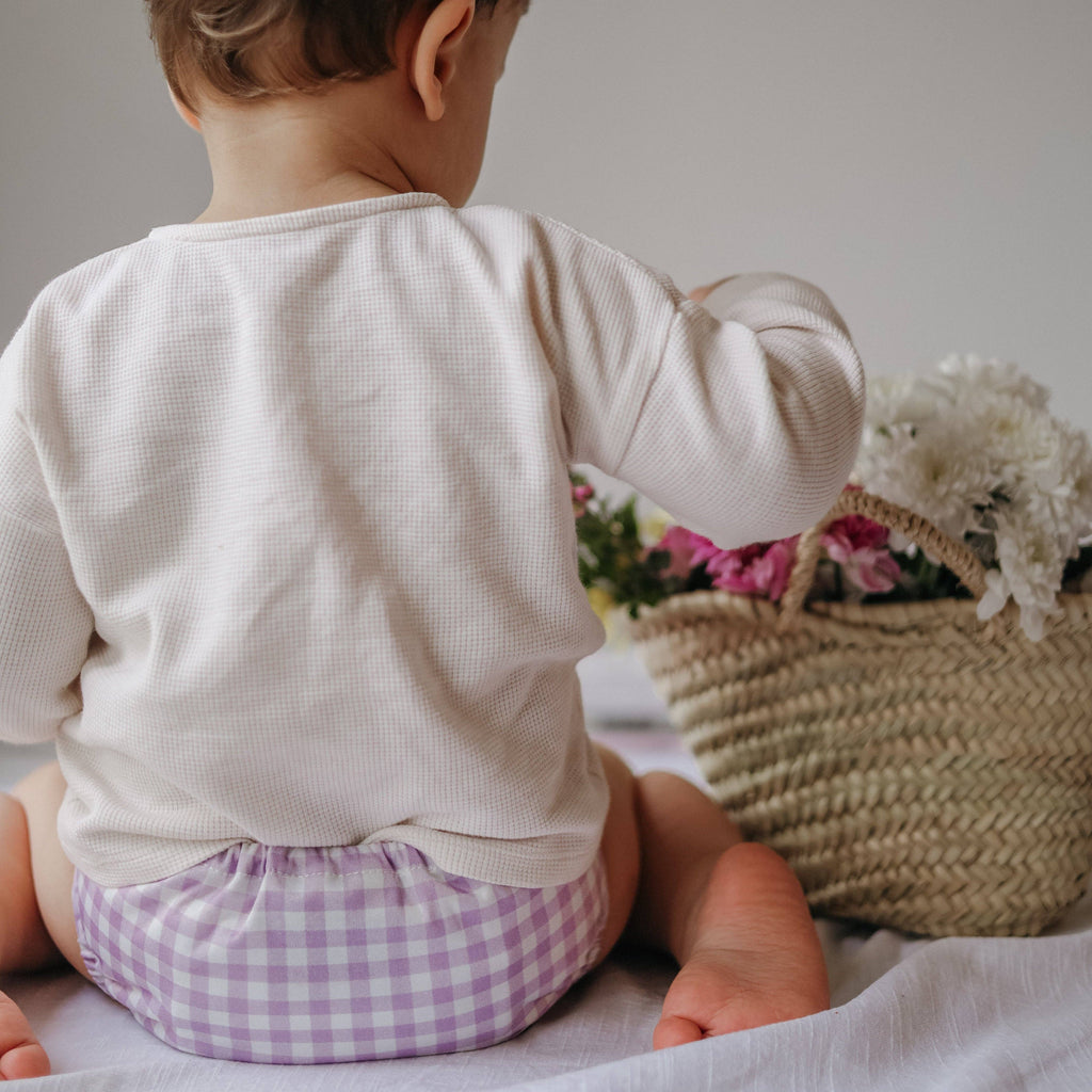 One Size All-In-One Reusable Cloth Nappy - Lilac Gingham