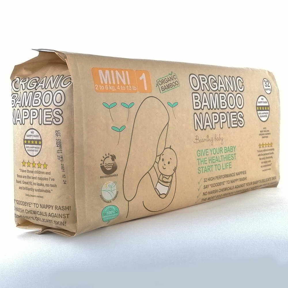 Organic Bamboo Mini Nappies - 2-6kg, 32 pcs/bag (size 1)